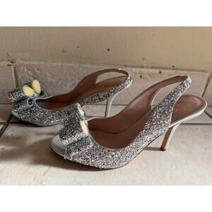 Kate Spade Glitter Bow Slingback Heels Silver Size 7.5 Made Italy